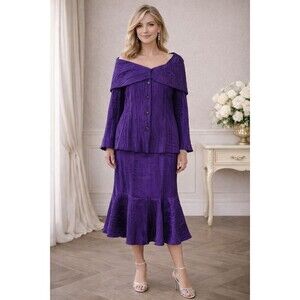 Vintage 3K Fashions Purple Crinkle 2Pc Skirt Set Midi USA Made 2X Formal Church